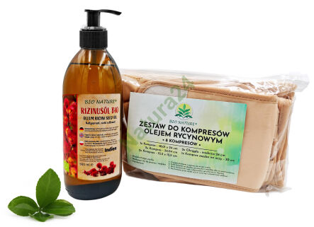 Promocyjny zestaw. Olej rycynowy BIO nierafinowany 500 ml + Zestaw kompresów